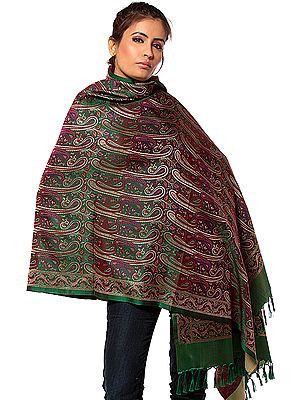 Islamic-Green Stylized Paisley Banarasi Shawl with All-Over Weave