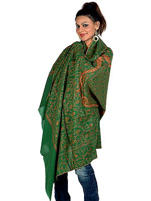 Islamic-Green Tusha Shawl with Sozni Embroidered Paisleys