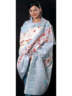 Ivory and Blue Jamawar Shawl with All-Over Needle Stitch Embroidery