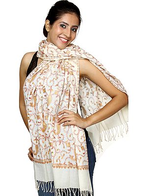 Ivory Aari Stole from Amritsar with Embroidery in Golden and Copper Thread