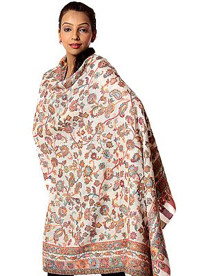 Ivory Kani Pure Pashmina Shawl with Multi-Color Thread Weave