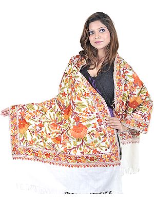 Ivory Kashmiri Stole with Aari-Embroidered Flowers All-Over