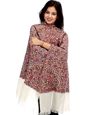 Ivory Kashmiri Stole with Dense Hand-Embroidery Resembling Papier Machie