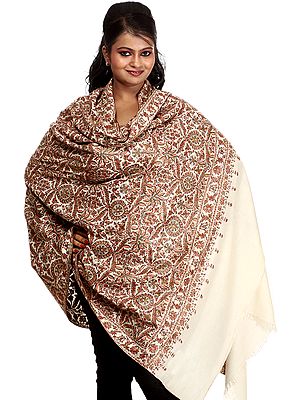 Ivory Original Pure Pashmina Shawl with Hand Embroidered Flowers All-Over