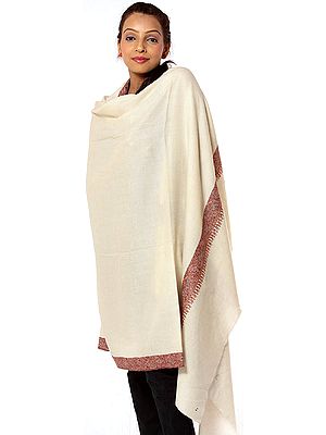 Ivory Pure Pashmina Shawl with Needle Embroidery by Hand on Borders