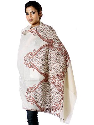 Ivory Tusha Shawl with Needle Embroidered Paisleys and Jaal on Border