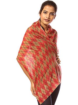 Khaki and Red Scarf with Rhomboid Printed Checks