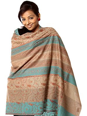 Khaki and Turquoise Tusha Shawl with Jafreen Jaal Embroidery