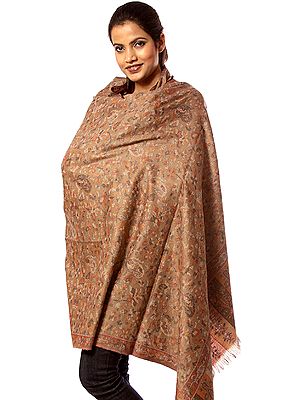 Khaki Kani Shawl with Multi-Color Woven Flowers All-Over
