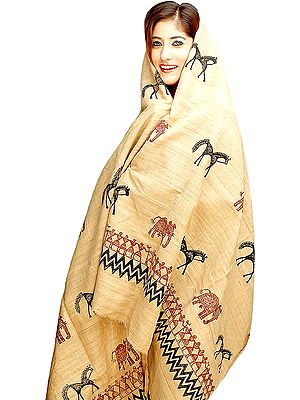 Khaki Silk Shawl from Assam with Horses and Elephants