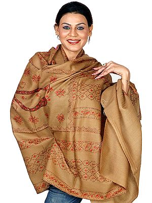 Khaki Tusha Shawl with All-Over Sozni Embroidery