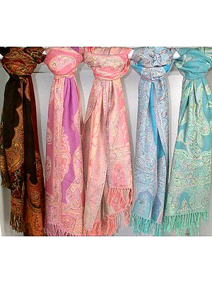 Lot of Five Jamawar Stoles with Hand-Embroidery