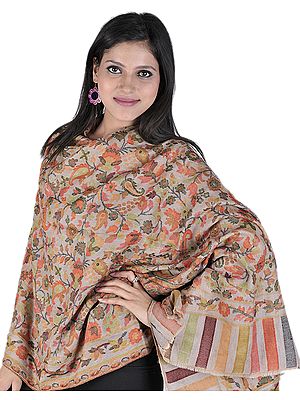 Mahogany-Rose Kani Pure Pashmina Stole with Woven Paisleys and Flowers in Multi-Color Threads
