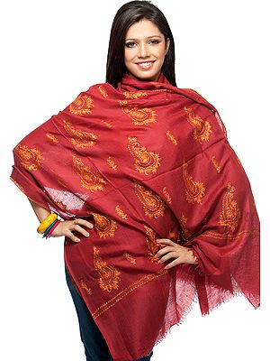 Maroon Pure Pashmina Shawl with All-Over Sozni Hand-Embroidered Paisleys