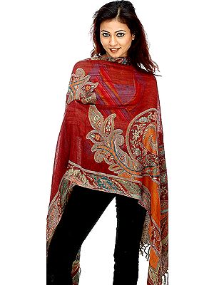 Maroon Stylized Paisley Jamawar Stole | Pure Wool