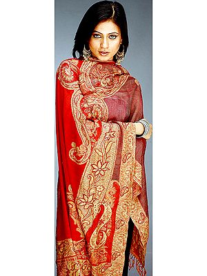 Mauve and Red Jamawar Stole with Beadwork