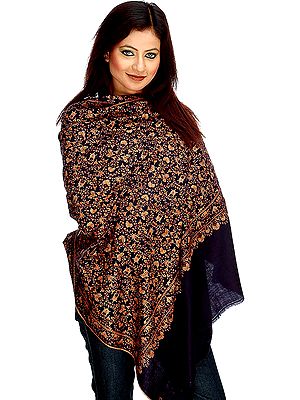 Midnight-Blue Pure Pashmina Shawl with All-Over Dense Kashmiri Embroidery by Hand