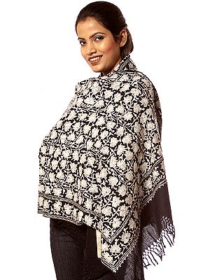 Midnight-Blue Stole with Aari-Embroidered Flowers in Silver and Sequins