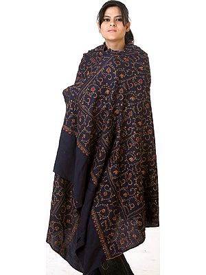 Midnight-Blue Tusha Shawl with All-Over Jafreen Jaal Embroidery