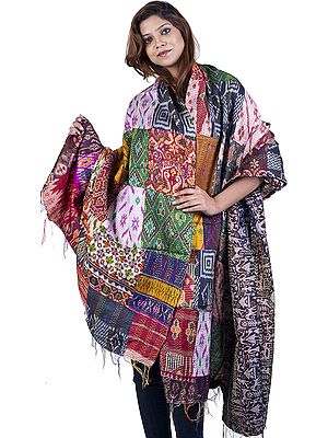 Multi-Color Reversible Patchwork Kantha Embroidered Shawl with Ikat Weave