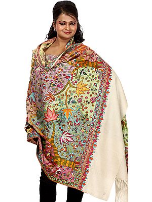 Multi-Color Superlative Pashmina Shawl from Kashmir With Densely Hand Embroidered Chinar Leaves and Flowers All-Over