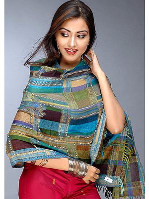Multi-Colored Jamawar Stole with Wooden Beads