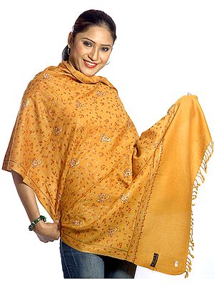 Mustard Kashmiri Stole with Sozni Embroidery All-Over