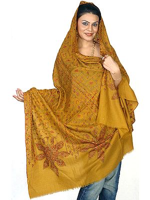Mustard Pure Pashmina Shawl with All-Over Kashmiri Embroidery by Hand