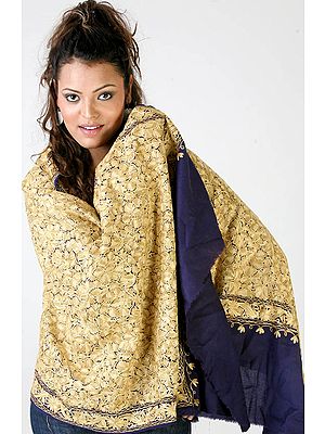 Navy-Blue Jamdani Stole with Dense Aari Embroidery from Kashmir