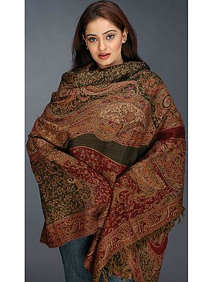 Olive Green and Maroon Shawl with Vegetative Motifs