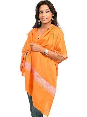 Orange Stole with Needle Stitch Kashmiri Embroidery on Border