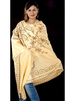 Pale-Yellow Kashmiri Shawl with Sozni Embroidery All-Over