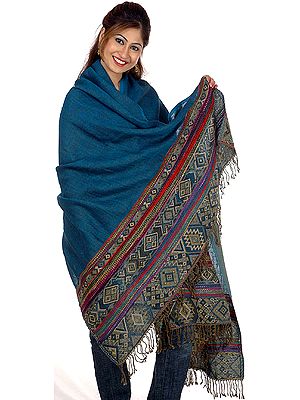 Plain Azure Shawl with Kullu Weave on Border