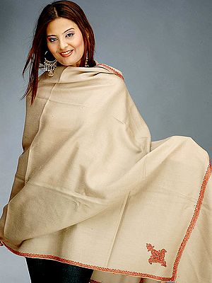 Plain Camel-Colored Shawl with Embroidery on Border