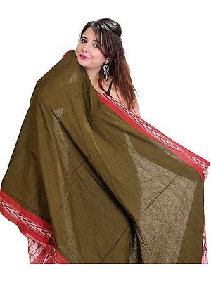Plain Fir Green and Red Dupatta from Pochampally with Ikat Weave