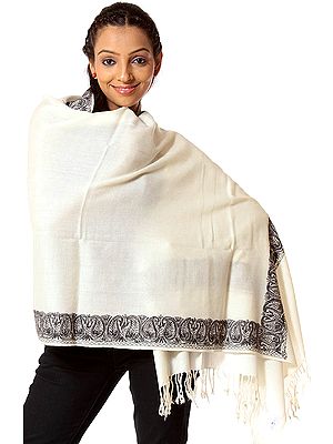 Plain Ivory Stole with Embroidered Paisleys on Border in Black Thread