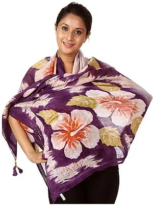 Plum-Purple Shawl with Large Printed Flowers with Leaves