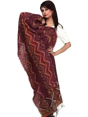 Purple Jamawar Stole with Zig-Zag Weave and Embroidered Mirrors