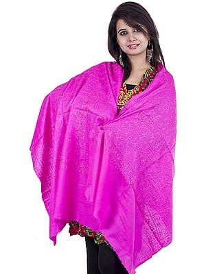 Rasperry Rose-Pink Kashmiri Tusha Stole with Needle Stitch Paisleys Embroidered by Hand All-Over