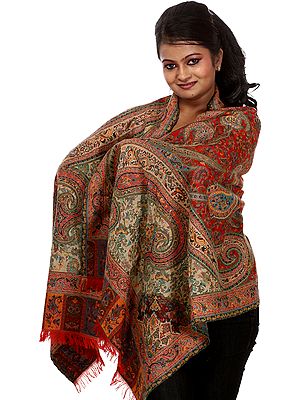 Red and Beige Kani Stole with All-Over Woven Paisleys in Multi-Color Thread