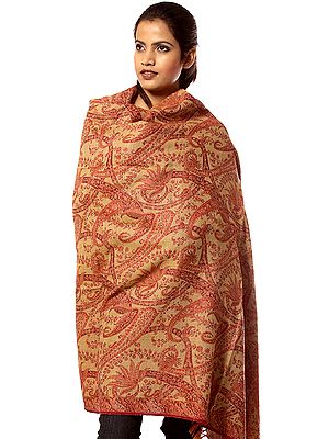 Red and Beige Reversible Jamawar Shawl with All-Over Woven Paisleys