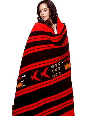 Red and Black Folk Shawl from Nagaland