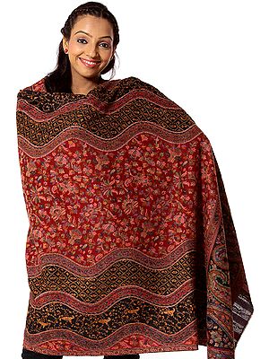 Red and Black Leheria Kani Shawl with Woven Paisleys and Sozni Embroidery by Hand