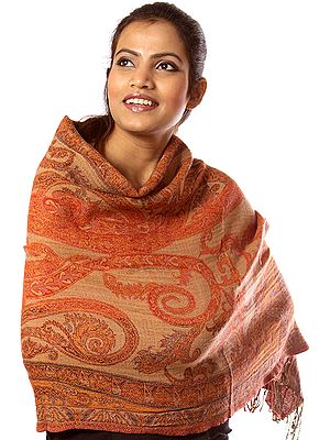 Red and Maroon Boiled-Wool Stole with All-Over Paisleys