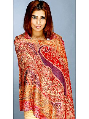 Red and Teal Jamawar Stole with Oriental Weave