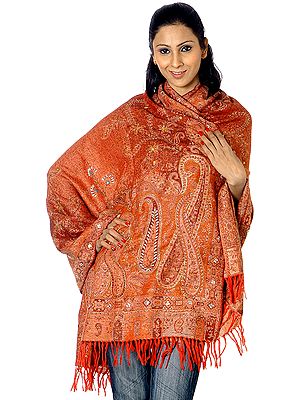 Red Jamawar Shawl with Beadwork and Sequins