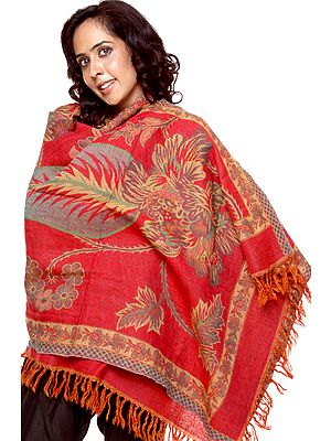 Red Jamawar Stole with Woven Flowers
