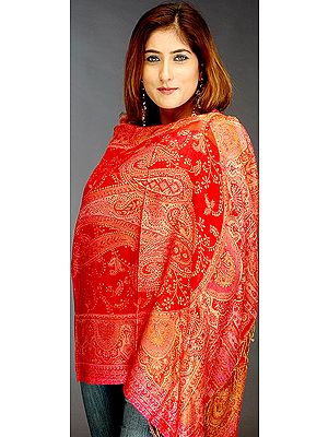 Red Pure Silk Jamawar Stole with Paisley