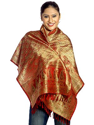 Red Resham Tehra Stole with Tanchoi Weave All Over