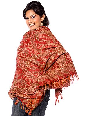 Red Reversible Jamawar Shawl with All-Over Weave